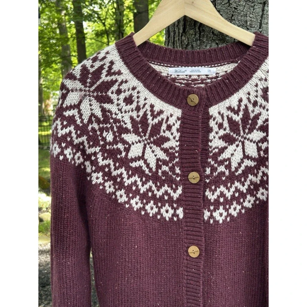 Woolrich Cardigan Sweater Size Large Fair Isle Nordic Wool Blend Maroon Snow